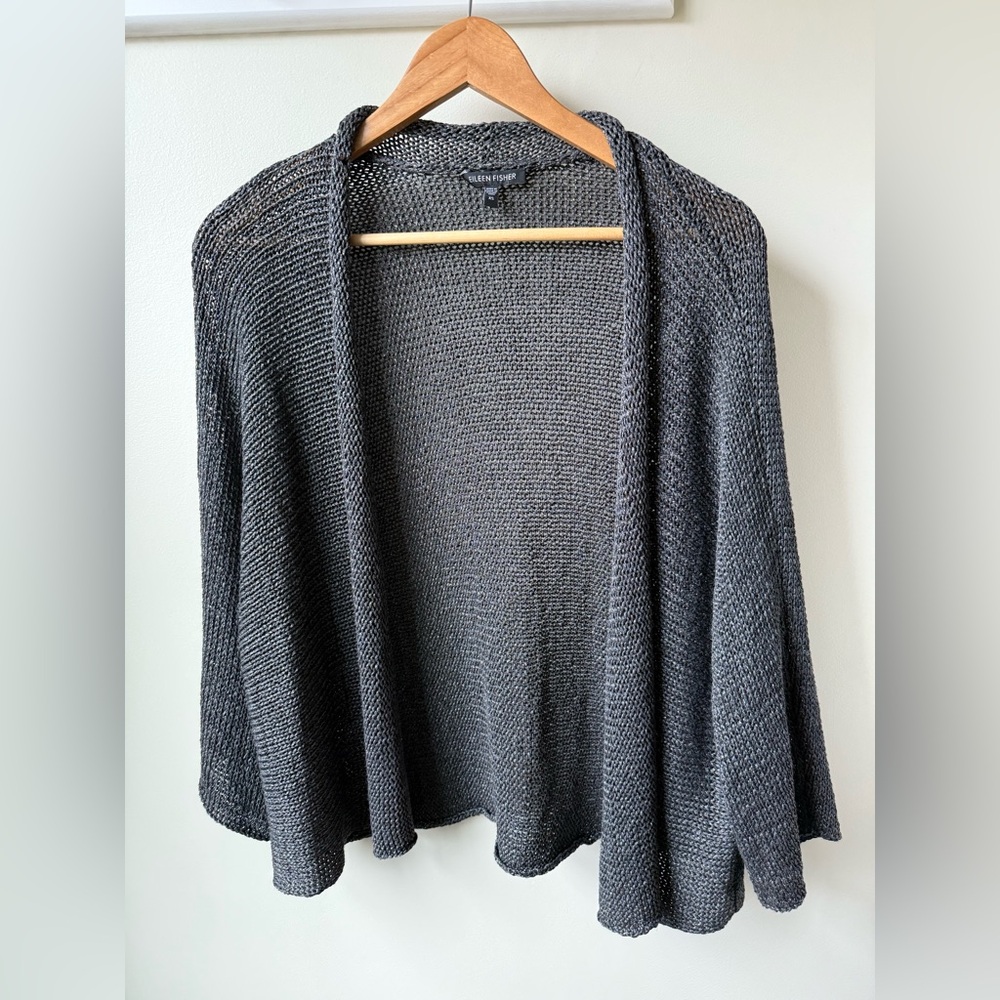 EILEEN‎ FISHER Open Knit Open Front Cardigan Sweater Mature Shimmer Holiday XS